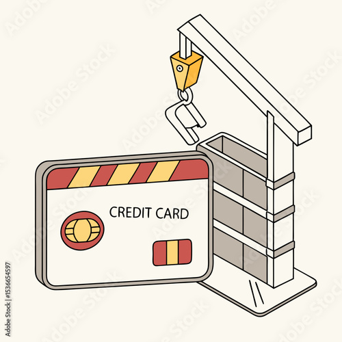Cartoon credit card being lifted by crane in construction setting  