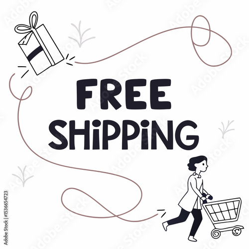 Free shipping graphic with shopping cart and gift illustration  
