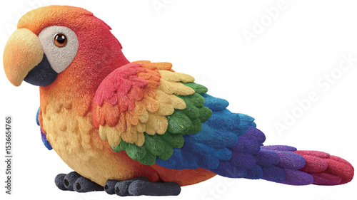 A digital image depicting a figurine of a macaw parrot. The figurine is predominantly in various shades of red, orange, yellow, green, blue, and purple, creating a rainbow effect on its plumage.