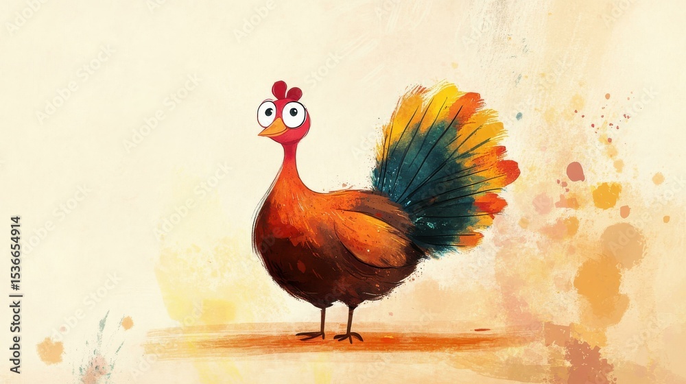 Fototapeta premium Playful chicken on painted background in daytime