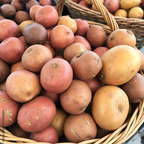 Colorful Heirloom Potatoes at the Market: An Organic, Old-Fashioned Background of Fresh Potatoes in Basket