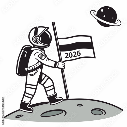 Astronaut planting 2026 flag on moon surface space exploration