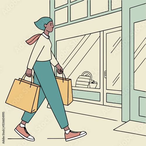 Young woman walking with shopping bags in front of a store  