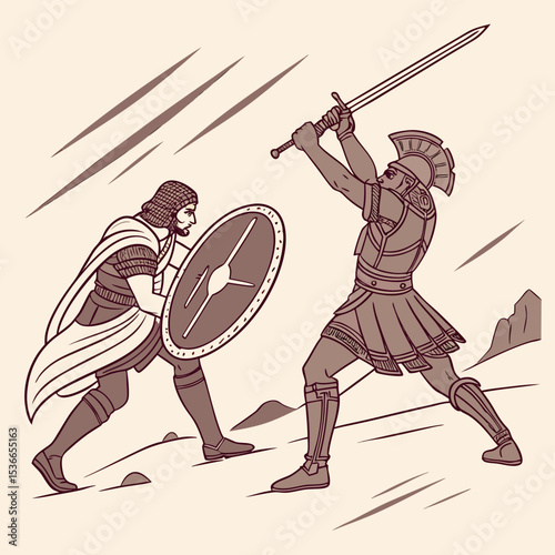 Two ancient warriors engaged in combat on a battlefield  