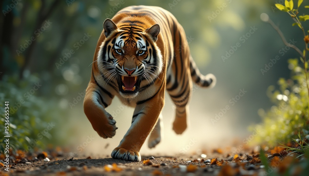 Majestic tiger running through lush forest in daytime Majestic tiger running through lush forest in daytime