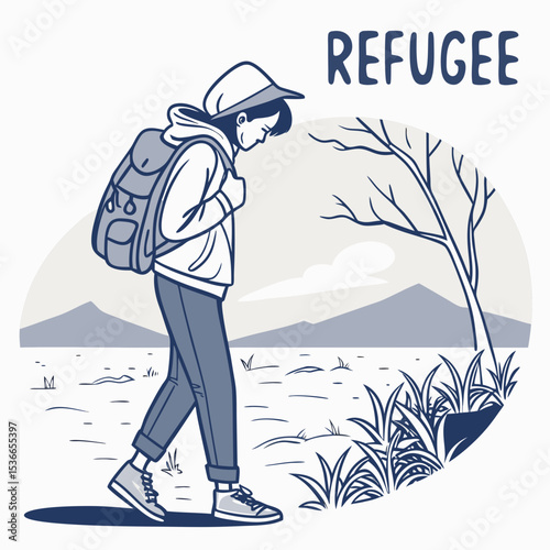 Young refugee walking alone with backpack in barren landscape  
