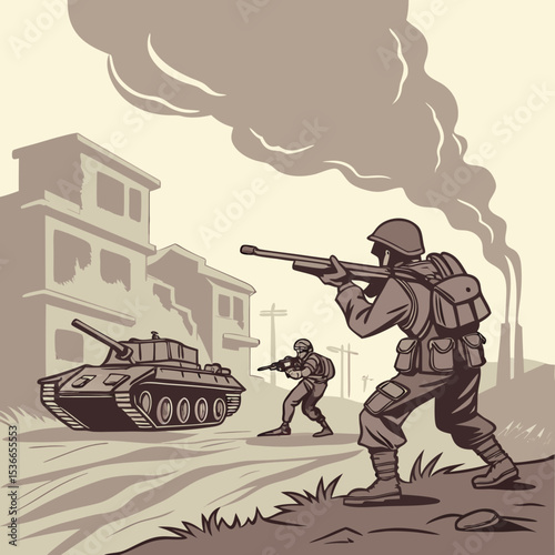 Soldiers engaged in combat with tank in urban war environment  