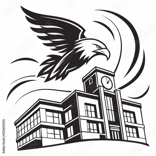 Eagle soaring above school building educational success
