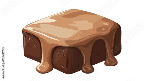 Close-up studio shot of a square brownie generously topped with a glossy, light brown caramel sauce that drips down the sides. The brownie appears moist and rich, with a dark brown color