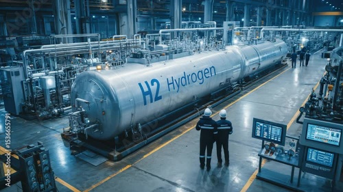 Engineers Inspecting Hydrogen Tank with Digital Gauges in Industrial Factory