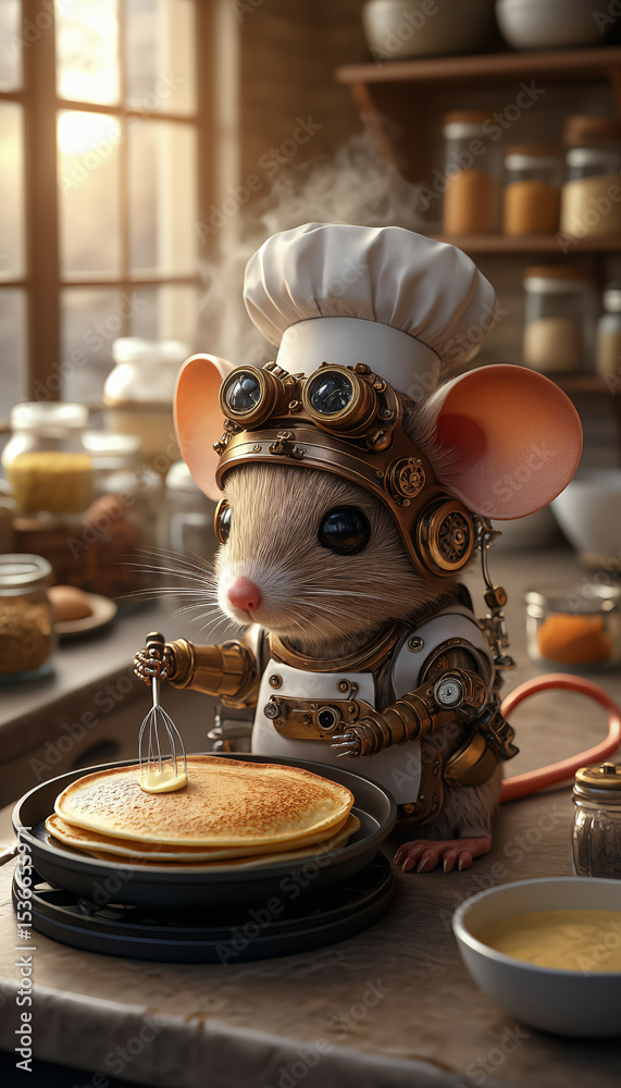 Obraz premium A charming steampunk mouse chef robot, made of polished brass and copper parts, with tiny mechanical limbs and gears. It’s cooking pancakes in a vintage kitchen, blending cuteness with retro-futuristi