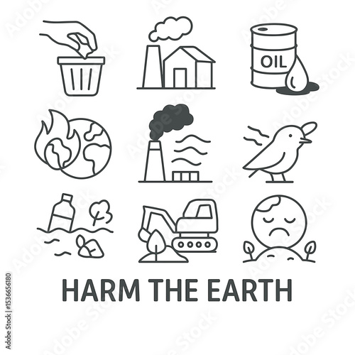 Environmental impact icons depicting pollution and harm to Earth concept  