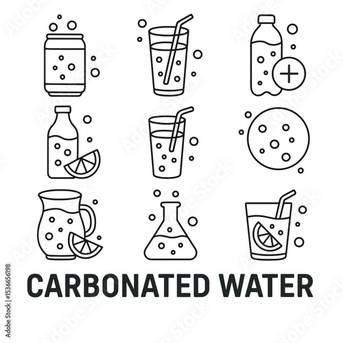 Vector icons of carbonated water in various containers and styles  