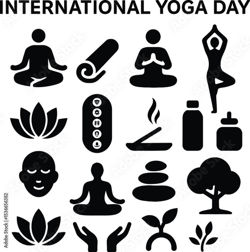 Black silhouette icon set for International Yoga Day. Includes solid black icons of a person in lotus pose, yoga mat, meditation pose, tree pose, lotus flower, chakra symbols, yoga wheel, incense stic