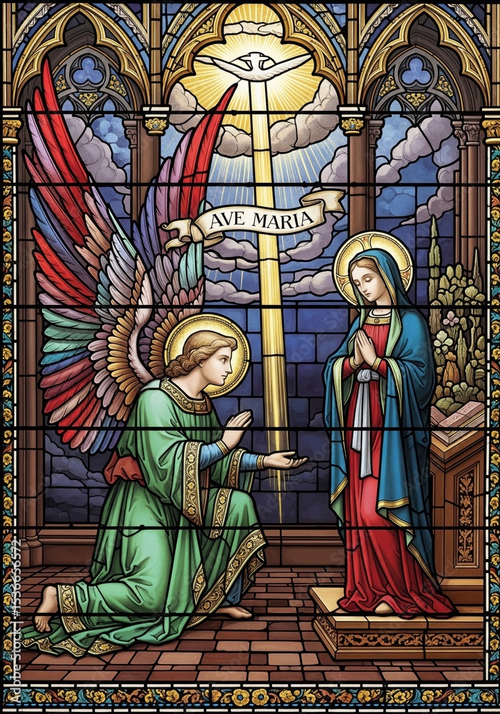 Fototapeta premium Ave Maria Annunciation Scene with Virgin Mary and Angel in Stained Glass