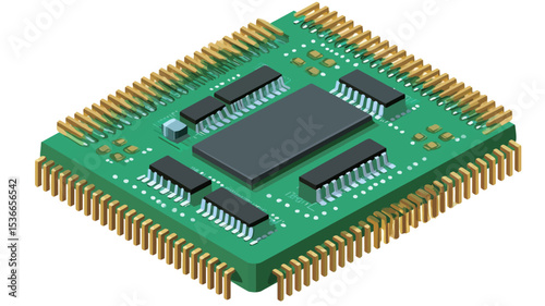 Isometric view of a green rectangular circuit board.  The board features numerous gold-colored pins along its edges, suggesting a connector.  A large, dark-colored integrated circuit is centrally