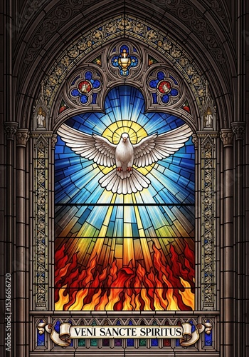Veni Sancte Spiritus Stained Glass Window with Dove and Flames of Holy Spirit