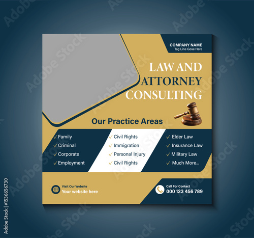 Modern Law and Attorney Consulting Social Media Post Template. Perfect for legal firms, lawyer promotions, law advice, and justice-related services with a professional and clean design layout.