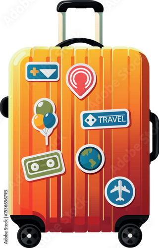 A bright orange travel suitcase with stickers on it