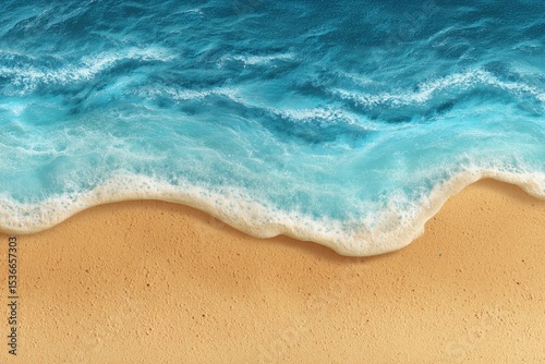 Aerial view of ocean waves washing up on a sandy beach with turquoise water and white foam edge