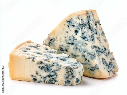 Two wedges of blue cheese with mold spots on a white background in a studio food photography shot