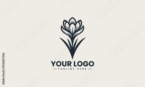 Crocus flower emerges through snow with delicate purple petals and green leaves in early spring season vector logo illustration design
