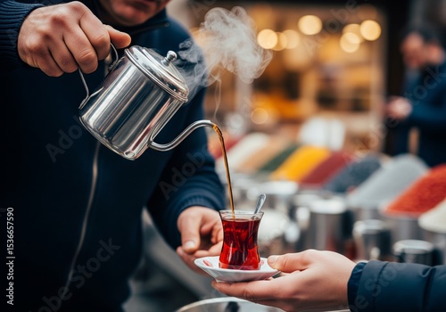 Fototapeta Naklejka Na Ścianę i Meble -  Vendor Pouring Steaming Turkish Tea for a Customer