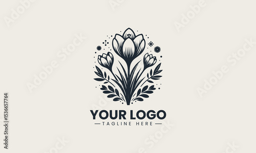 Crocus flower emerges through snow with delicate purple petals and green leaves in early spring season vector logo illustration design