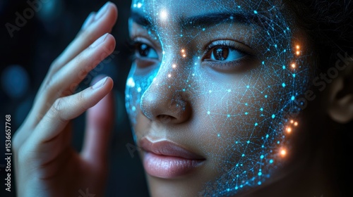 Womans face with digital network overlay.