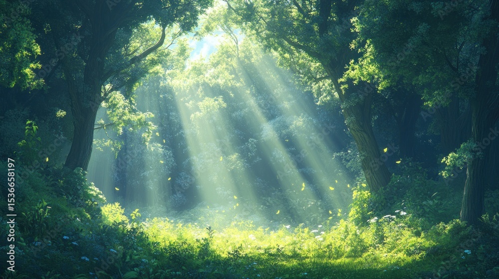 Obraz premium Sunbeams pierce lush forest