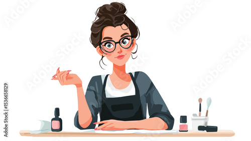 The image is a digital illustration of a young woman with brown hair tied in a bun, wearing glasses and a dark apron. She is seated at a table with various nail care tools and nail polish bottles.