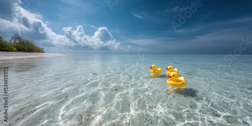 Children's duck toys float on the clear blue water at the sea