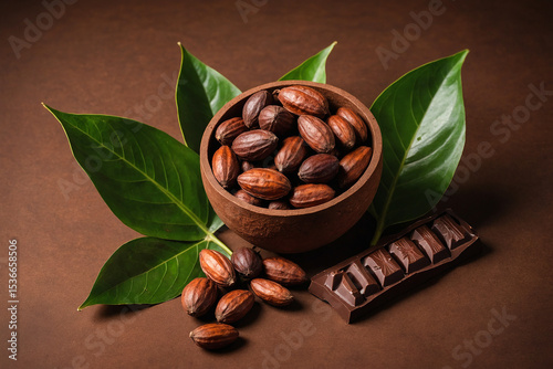 Cocoa Pods with Beans, Chocolate Pieces, and Green Leaves on Wooden Surface