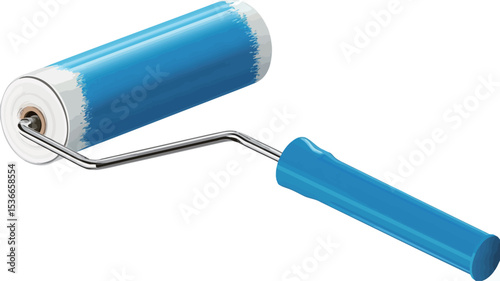 Close-up studio shot of a blue lint roller. The roller is cylindrical with a light blue plastic body and a white core visible at the ends. It has a simple, slightly curved, silver metal handle