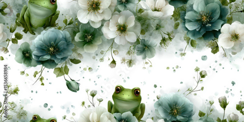 A simple cute illustrated seamless pattern of frogs and flowers
