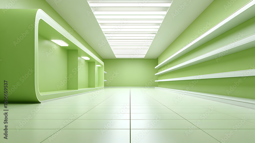 Obraz premium A vibrant modern empty store with green interior. The interior design is sleek and minimalist with a bright ceiling