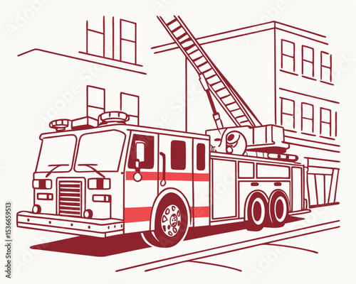 Classic Fire Truck Line Drawing Illustration