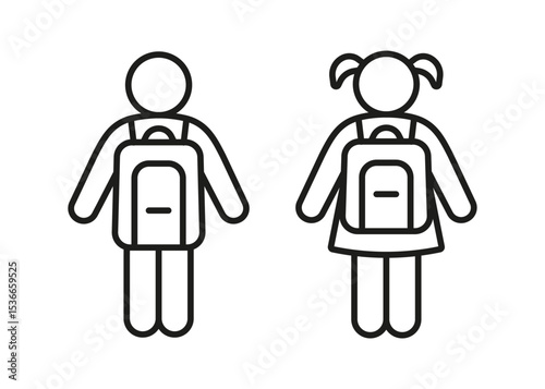 Children with backpack for school line icon boy and girl. Kids back outline silhouette. Symbol little people. Vector illustration