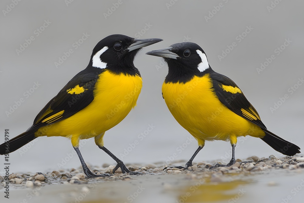 Obraz premium Vibrant Yellow and Black Birds on Ground, Closeup