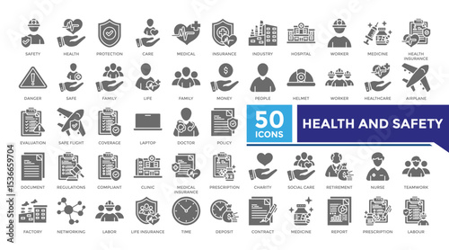 Health and safety solid icon set collection. This set includes trust, labor, retirement, policy, contract, insurance, factory and more icons in 
solid style. Vector icons collection for infographics