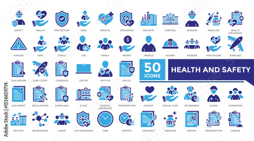 Health and safety icon solid two color set collection. This set includes labor, retirement, policy, contract, insurance, factory and more icons in 
solid style. Vector icons collection for infographic