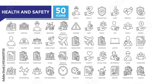 Health and safety lineal icon set collection. This set includes trust, labor, retirement, policy, contract, insurance, factory and more icons in 
lineal style. Vector icons collection for infographics
