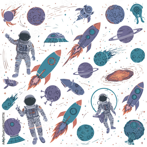 Ilustrasi vektor bertema luar angkasa dengan astronaut, roket, planet, UFO, dan galaksi dalam satu komposisi utuh. Gaya kartun warna-warni cocok untuk edukasi, anak-anak, dan dekor kreatif.
