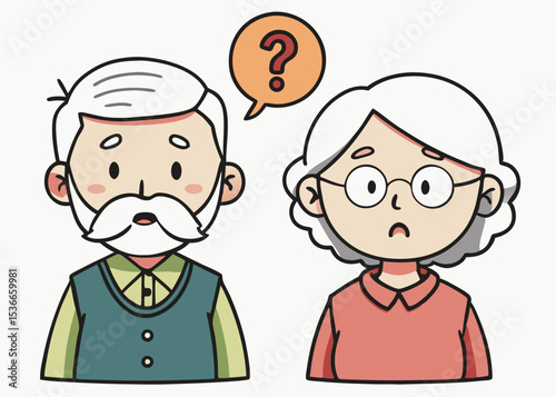 Hand Drawn Style Elderly Couple Understanding and Solving a Problem. Exclamation mark. Hand drawn style vector design illustrations