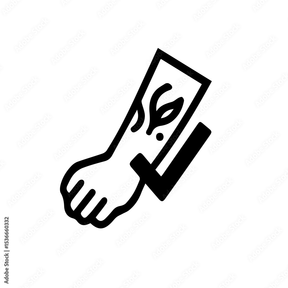 Obraz premium A black‑and‑white linear‑style icon of a forearm with visible tattoo lines and a checkmark, symbolizing “tested on tattooed skin.” 