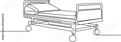 Hospital bed continuous single line drawing in minimalist black and white style with wheels and side rails on a clean white background


