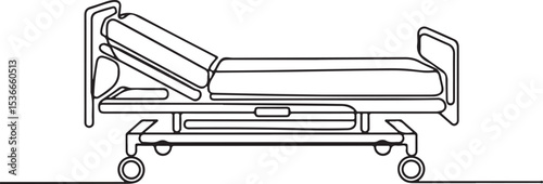 Hospital bed continuous single line drawing in minimalist black and white style with wheels and side rails on a clean white background

