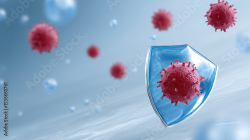 Visual representation of free radicals attacking skin cells is depicted, with protective shield blocking one of radicals. scene is set against soft blue background, conveying sense of defense