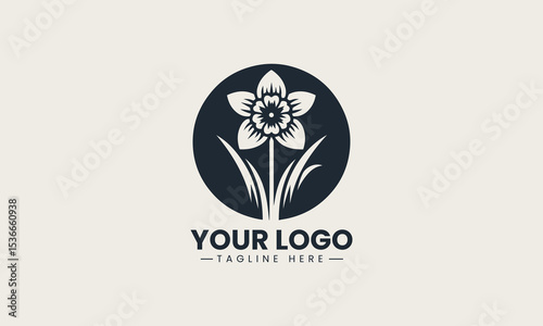 Bright yellow daffodil flower blooms beautifully with long green leaves in spring season vector logo illustration design