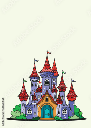 035-14-Whimsical cartoon castle with colorful turrets and flags, evoking a sense of fairytale and fantasy. Hand-drawn illustration